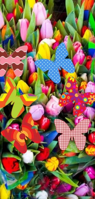 Colorful tulips with decorative butterflies.