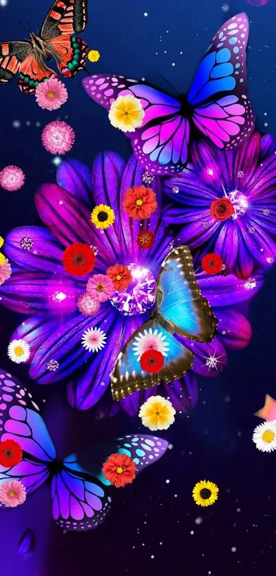 Vibrant wallpaper with butterflies and flowers in a purple background.