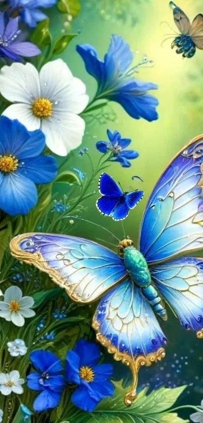 Vibrant blue butterfly on colorful flowers.