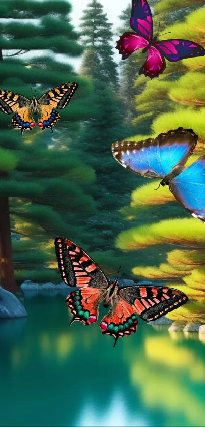 Colorful butterflies flutter in a lush green forest by a tranquil lake.