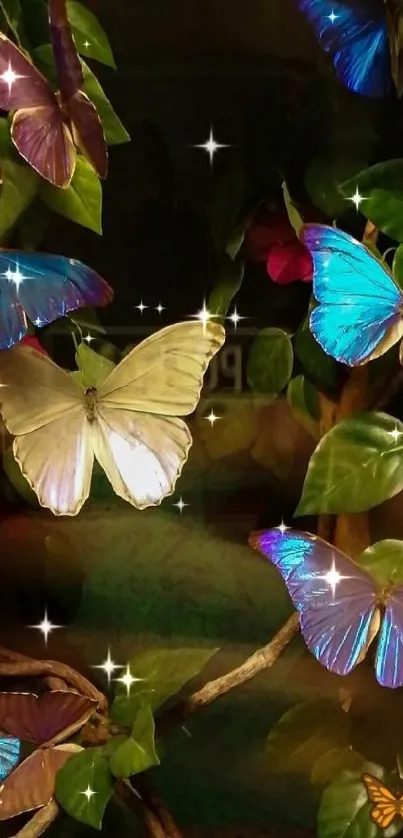 Vibrant butterflies in a lush forest setting with colorful wings.