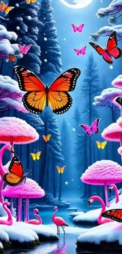 Vibrant butterflies and neon pink mushrooms in a magical forest setting.