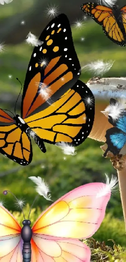 Colorful butterflies in a forest scene with mushrooms.