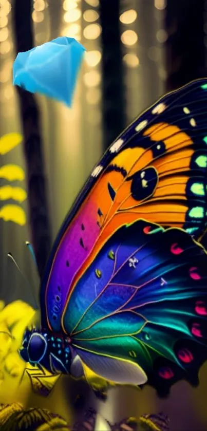 Colorful butterfly in a mystical forest with glowing trees and a magical blue gem.