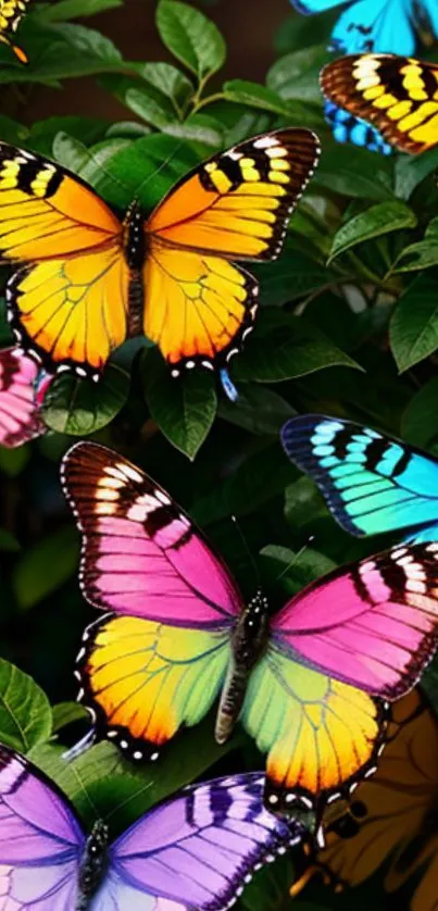 Colorful butterflies amidst lush green leaves.