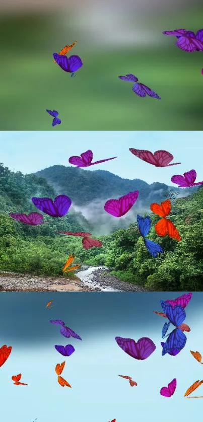 Colorful butterflies in a green forest scene mobile wallpaper.