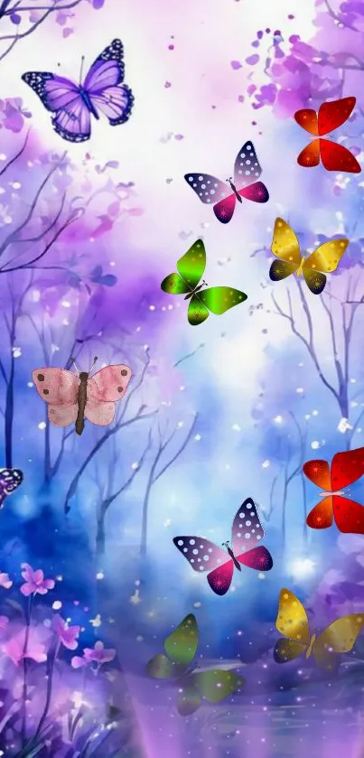 Vibrant butterflies in a mystical purple forest setting.