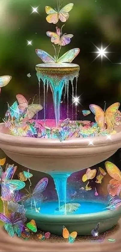 Butterflies flutter around a vibrant, colorful fountain in this magical wallpaper.