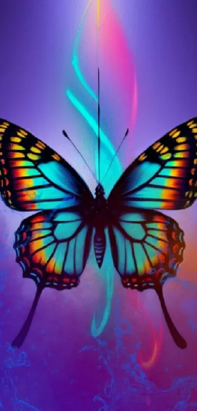 Vibrant butterfly with colorful aura on purple background.