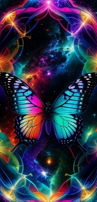 Vibrant butterfly in a colorful cosmic background wallpaper.