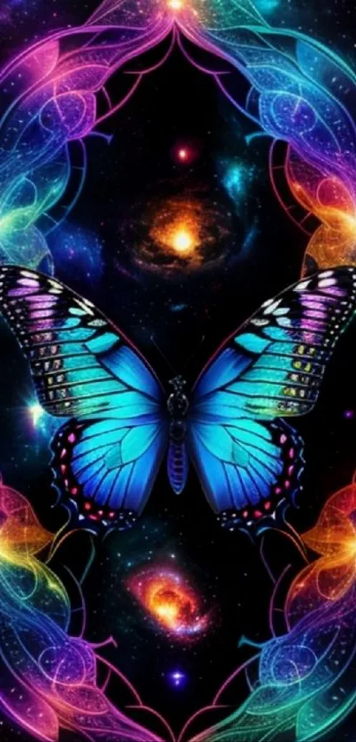 Vibrant butterfly in a galaxy-themed cosmic art wallpaper.