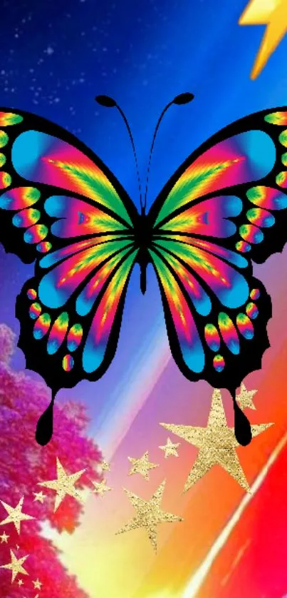 Vibrant butterfly with colorful wings against a starry galaxy background.