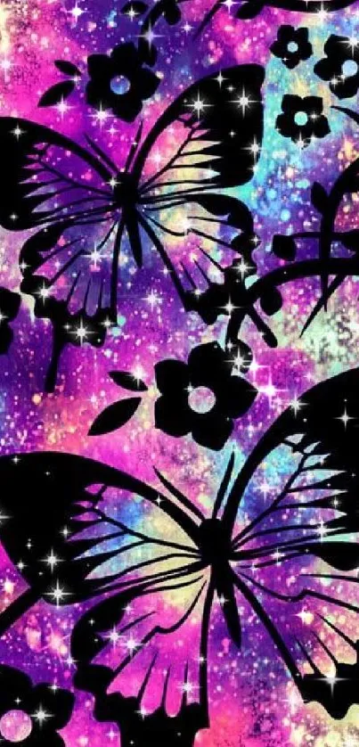 Vibrant butterfly silhouettes on a colorful cosmic background.