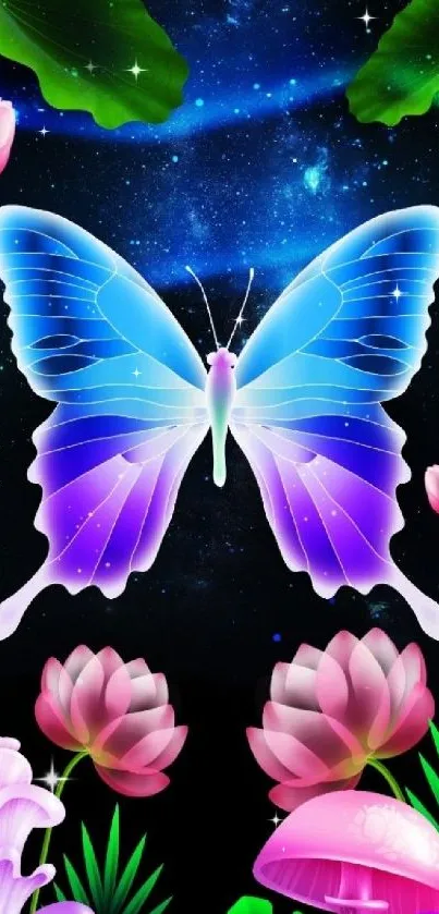 Colorful galaxy-themed butterfly wallpaper with vibrant flowers.