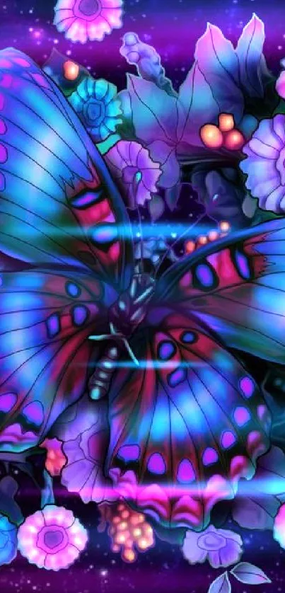 Vibrant butterfly and flowers with a galaxy background.