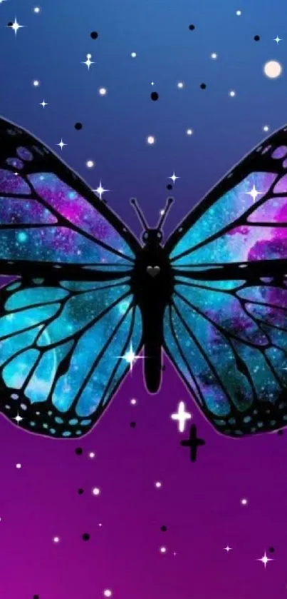 Vibrant galaxy butterfly wallpaper with purple and blue hues and starry background.