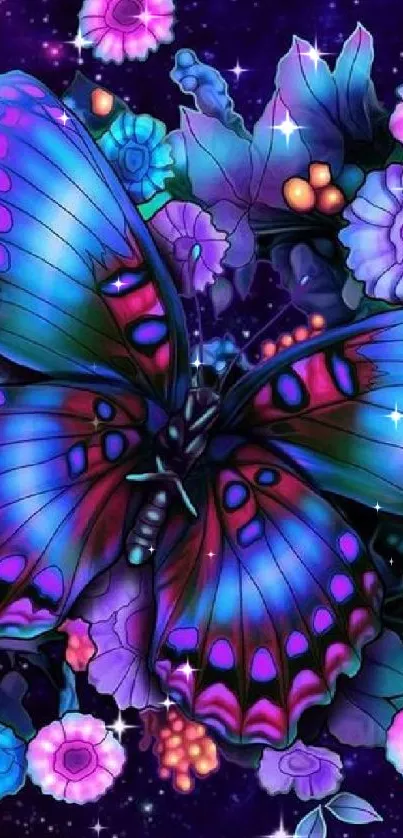 Colorful butterfly and flowers in a galaxy scene.