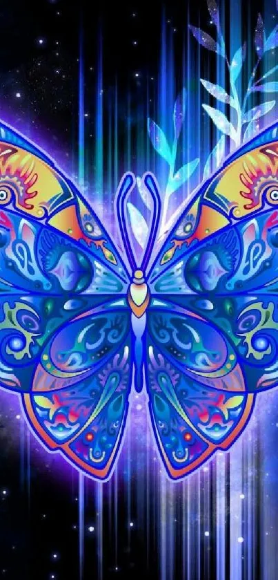 Vibrant blue butterfly with galaxy background.