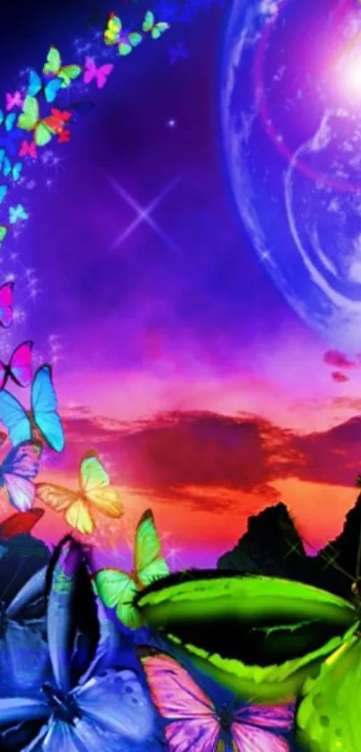 Vivid butterflies with cosmic background in vibrant colors.