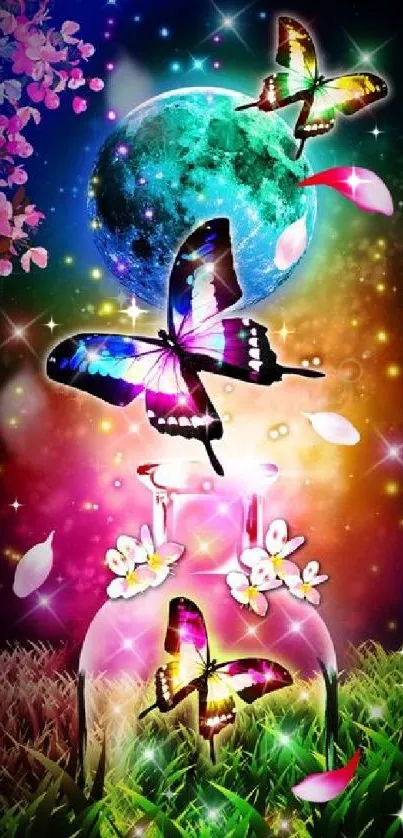 Colorful butterflies and moon in a vibrant galaxy-themed wallpaper.