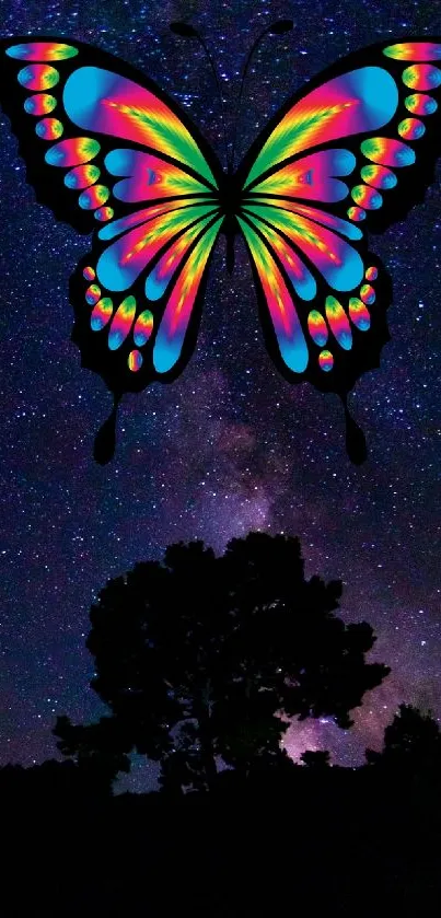 Colorful butterfly in starry galaxy night backdrop.