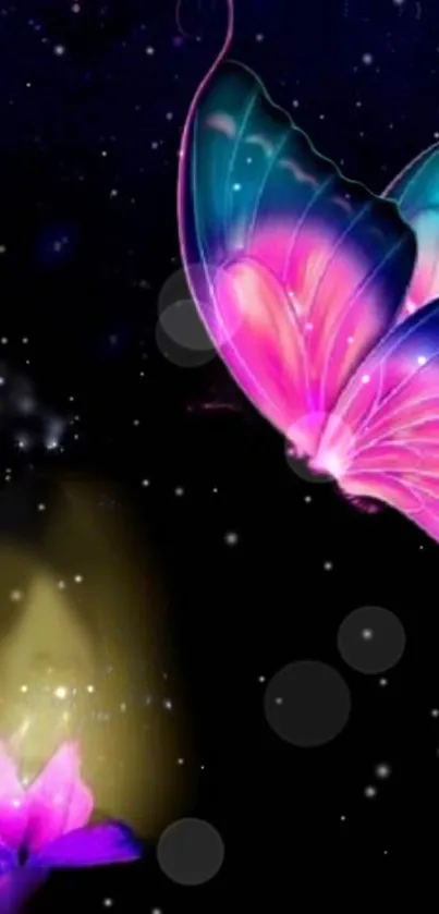 Vibrant butterfly in colorful galaxy night sky wallpaper.