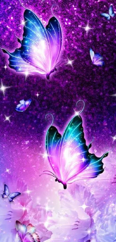 Vibrant purple butterfly galaxy wallpaper with sparkling stars and a dreamy theme.