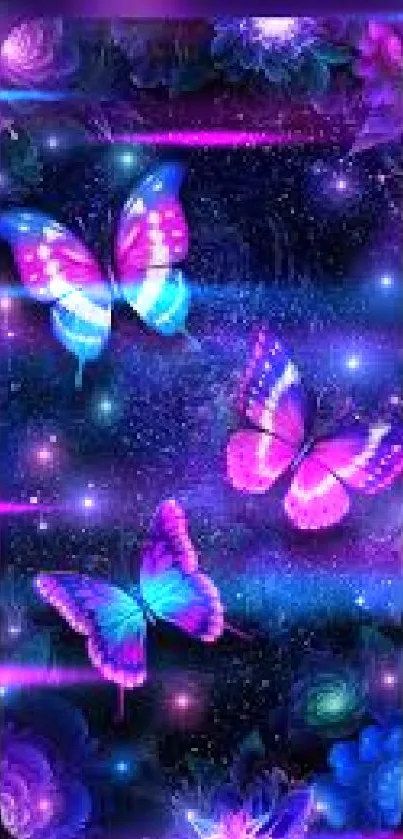 Vibrant butterflies in a galaxy-themed wallpaper.