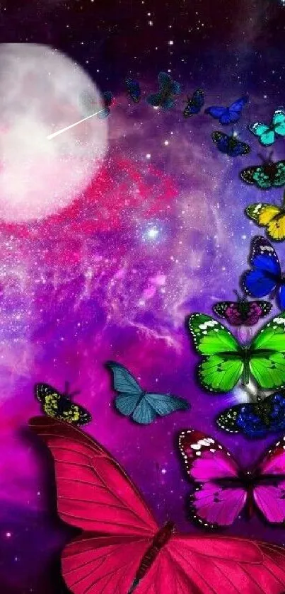 Colorful butterflies soar through a cosmic galaxy filled with vivid pink and purple hues.