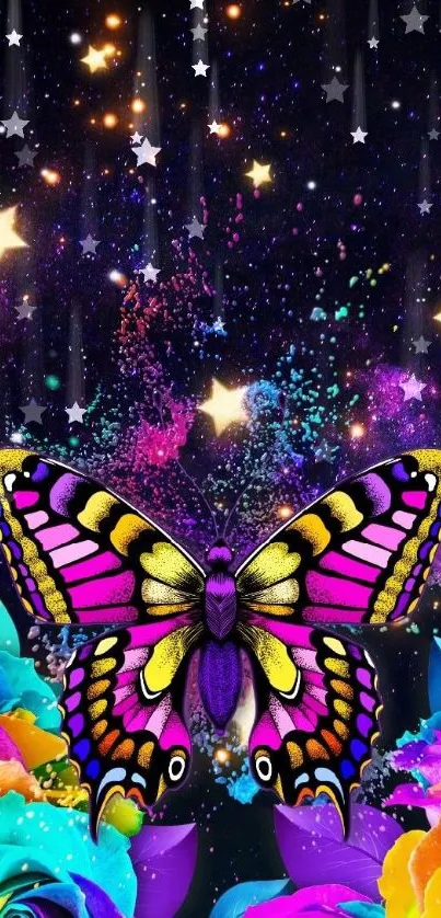 Vibrant butterfly in galaxy with colorful roses and stars.