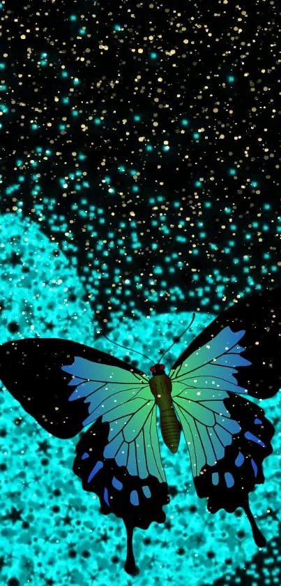 Vibrant butterfly against a glowing galaxy background with stars.