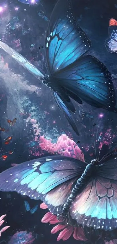 Vibrant butterflies in a galaxy-themed wallpaper with a cosmic backdrop.