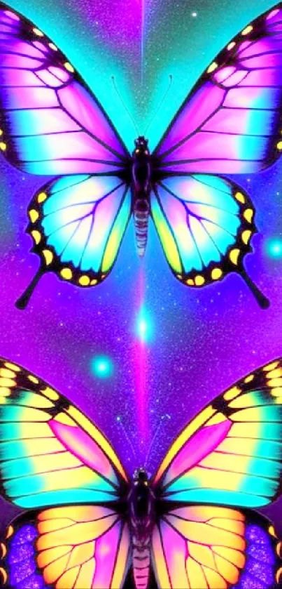 Vibrant purple butterfly wallpaper with neon galaxy background.