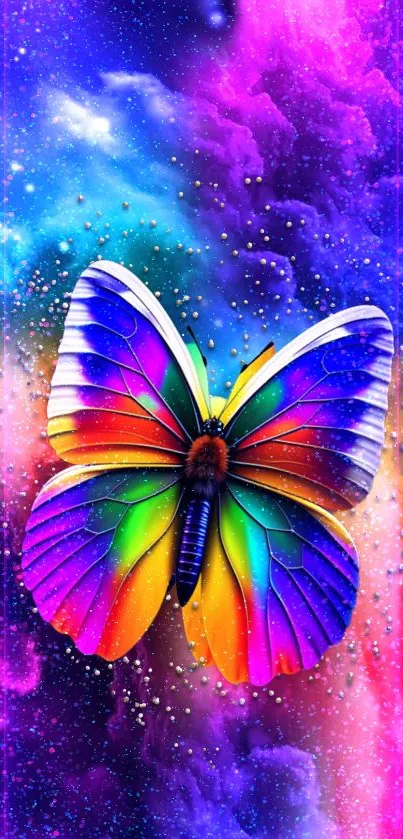 Colorful butterfly with galaxy background, vibrant hues.