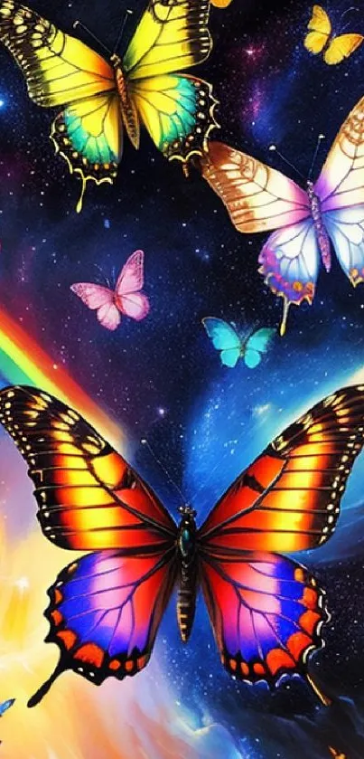 Vibrant blue and orange butterfly flying across a colorful cosmic galaxy backdrop.