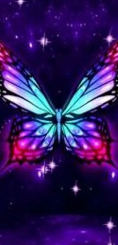 Vibrant butterfly on a purple galaxy background with sparkling stars.