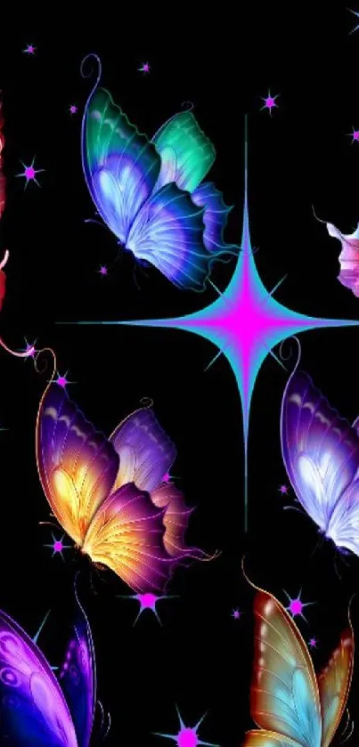 Vibrant butterflies on a starry black background wallpaper.
