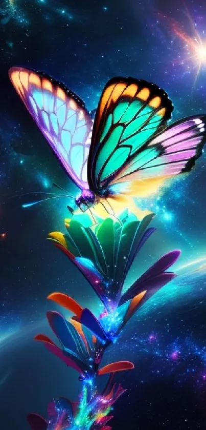 A vibrant butterfly on a cosmic, colorful background.