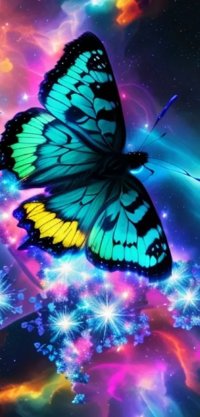 Neon butterfly in cosmic galaxy wallpaper with vibrant colors.