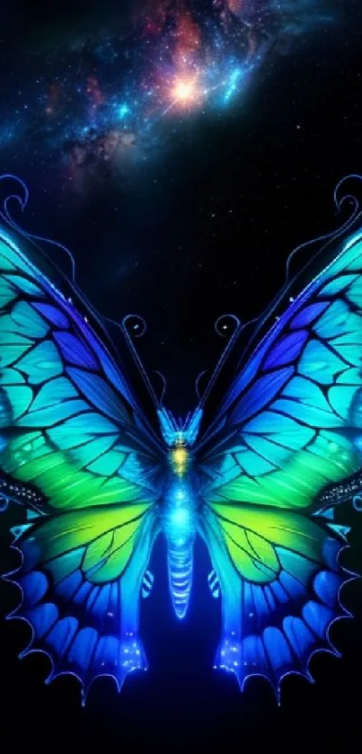 Vibrant blue and green butterfly with galaxy backdrop mobile wallpaper.