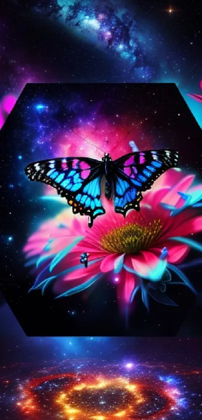 Vibrant butterfly on cosmic flower with galaxy background.