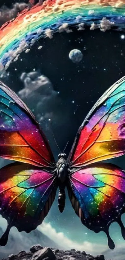 A vibrant butterfly glows under a majestic rainbow on a cosmic landscape.