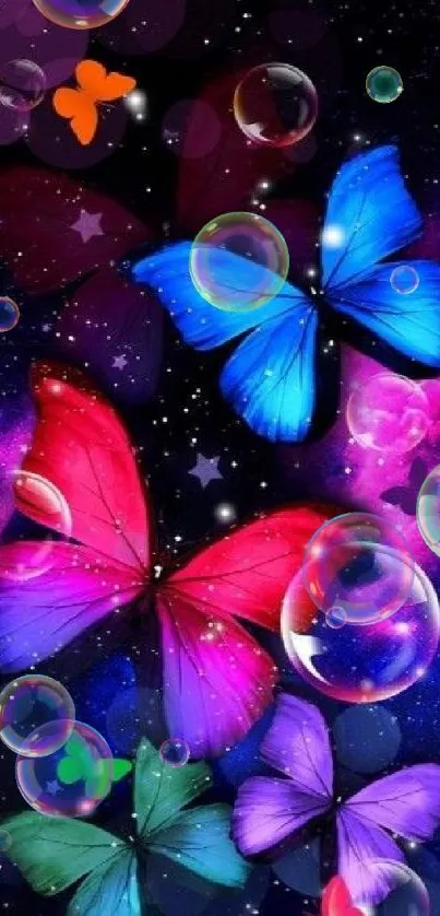 Vibrant butterflies in a cosmic galaxy with stars.