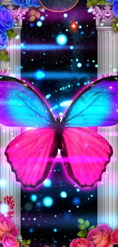 Colorful butterfly with galaxy background and floral accents.