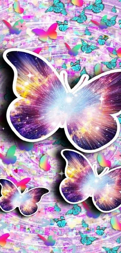 Vibrant butterfly galaxy wallpaper with cosmic and pastel hues.