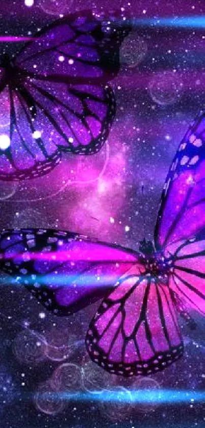 Purple butterflies in a starry galaxy background.