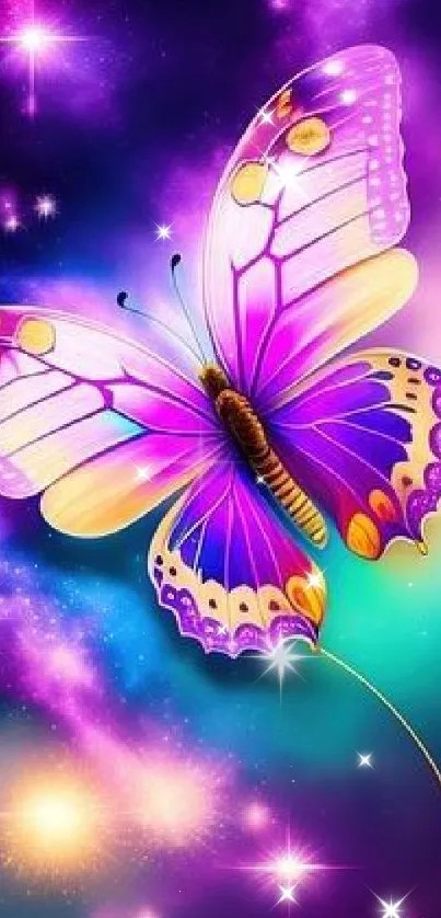 Vibrant purple butterfly on galaxy background.