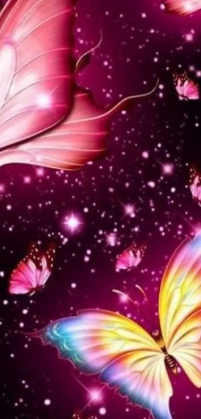 Vibrant butterflies in a galaxy themed wallpaper with a starry background.