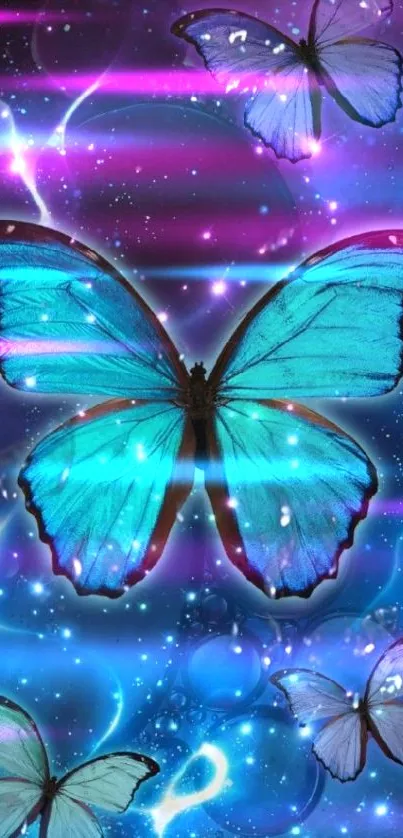 Vibrant blue butterflies flutter in a cosmic galaxy background.