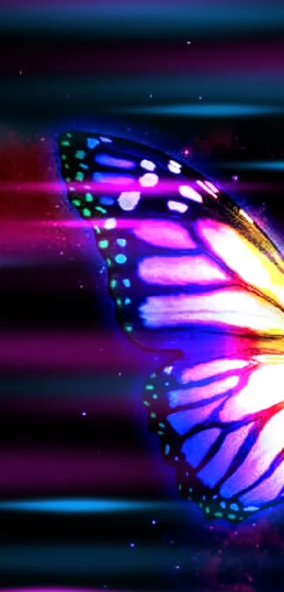 Colorful butterfly with galaxy background on a phone wallpaper.